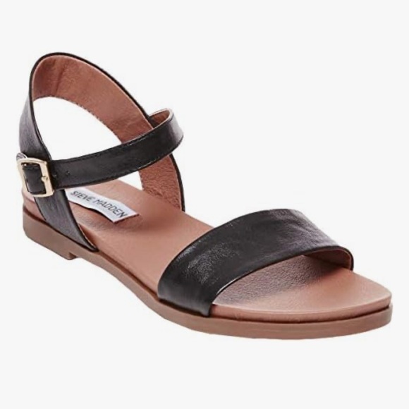 Steve Madden Dina Ankle Strap Two Piece Banded Flat Sandals Black Leather 9.5M - Picture 1 of 10